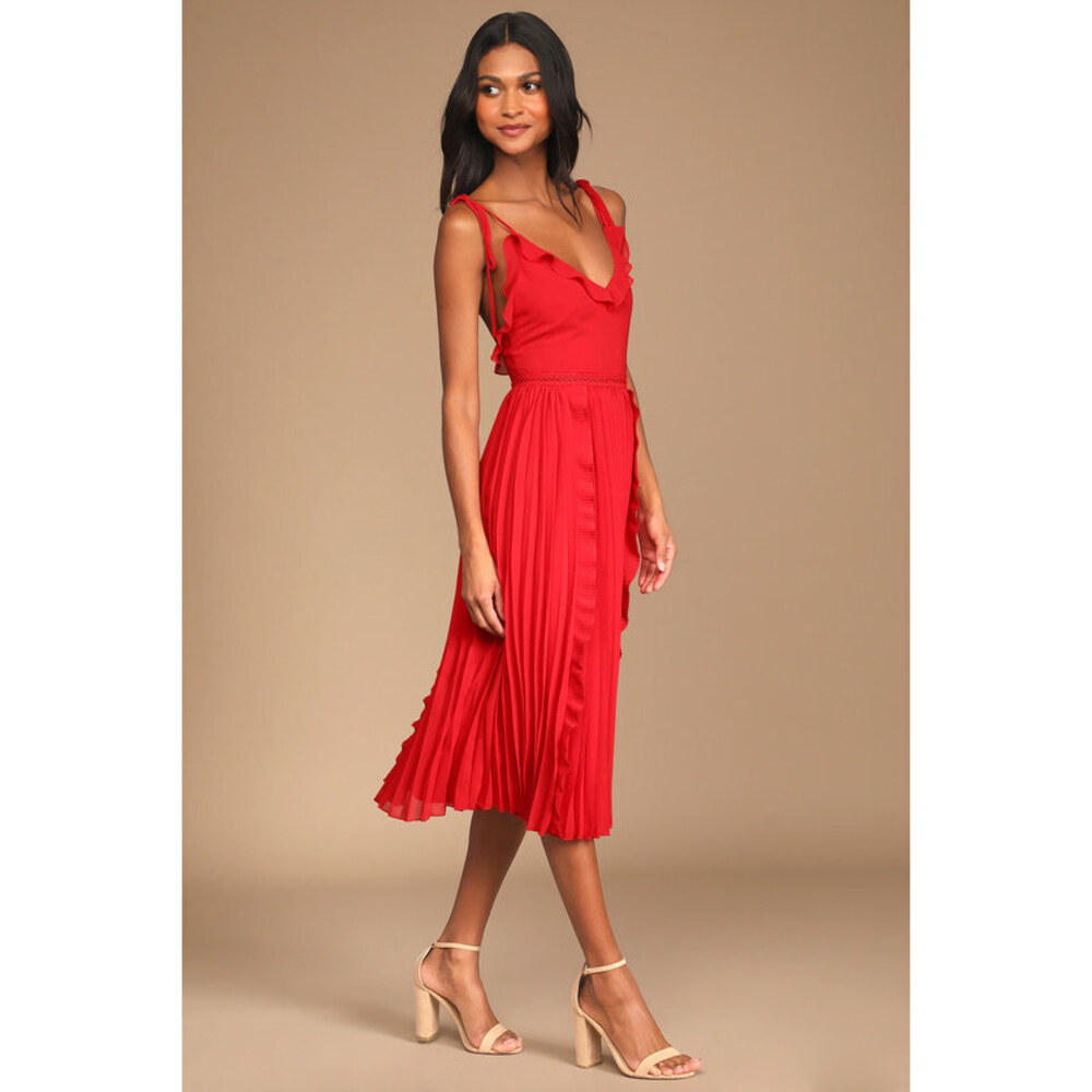 Lulus Never A Dull Moment Bright Red Tie-strap Pleated Midi Dress - Size S